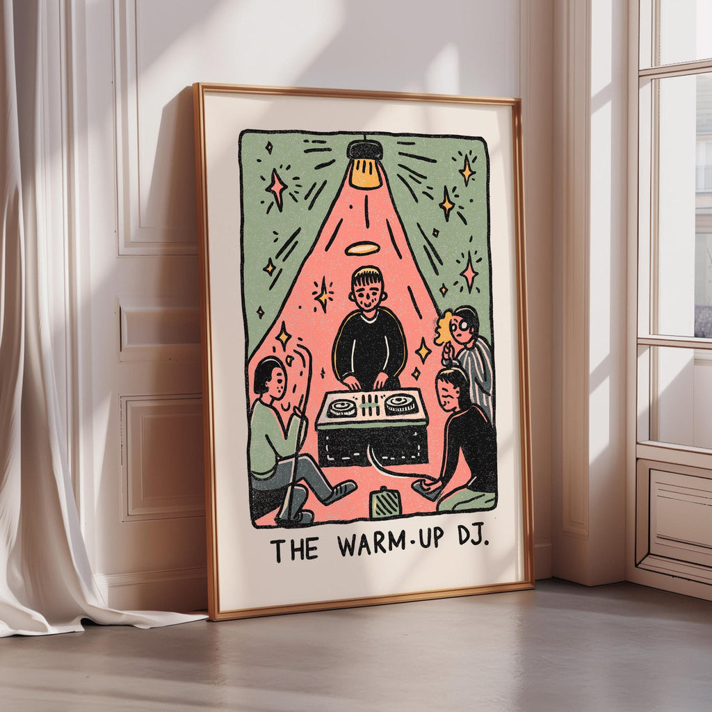 The image is a framed illustration depicting a group of people gathered around a DJ booth, with the text "THE WARM-UP DJ" below the illustration.