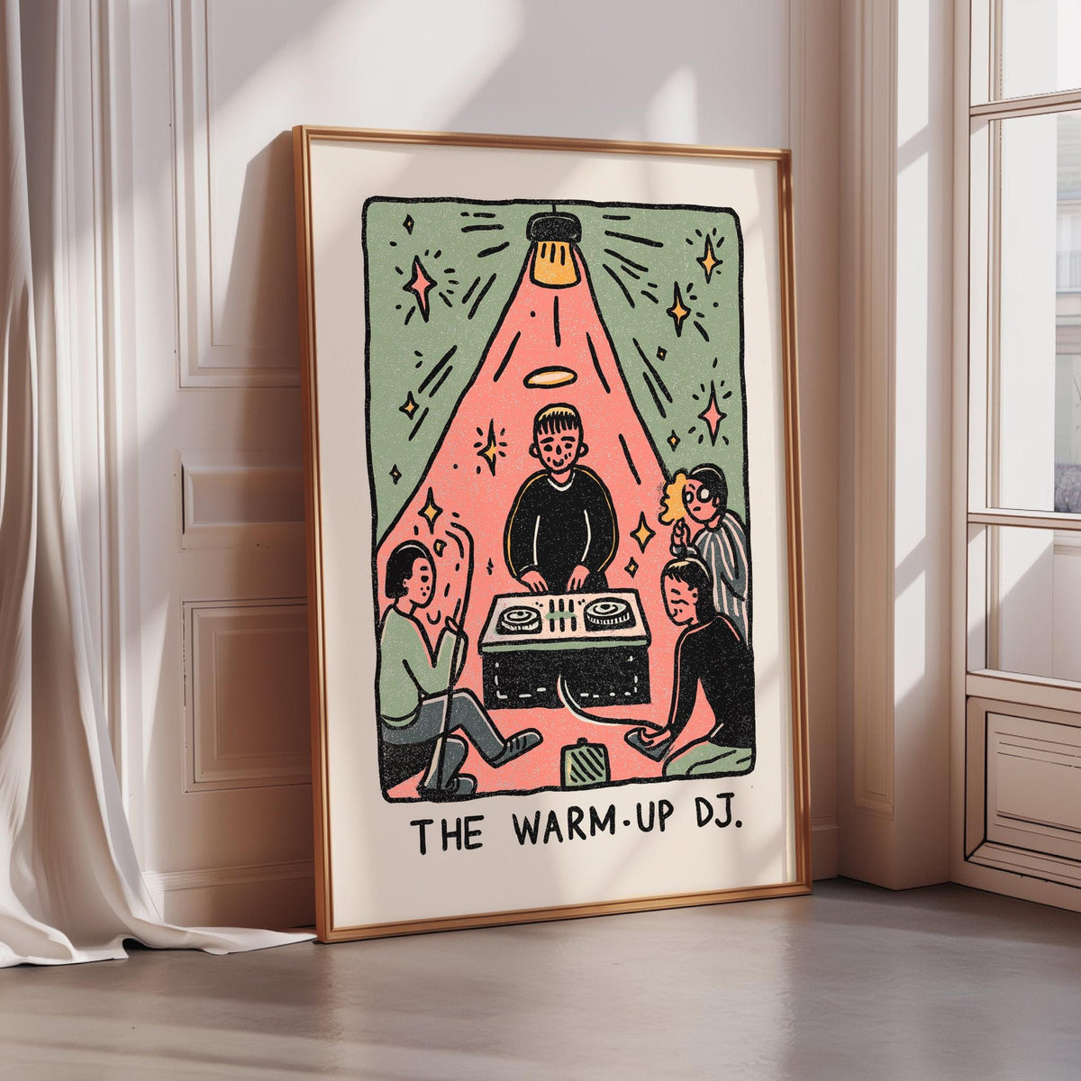The image is a framed illustration depicting a group of people gathered around a DJ booth, with the text "THE WARM-UP DJ" below the illustration.