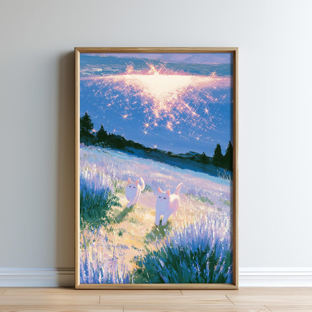 The image is a framed painting depicting two cats standing in a field of tall grass, with a bright starburst effect in the sky above them.