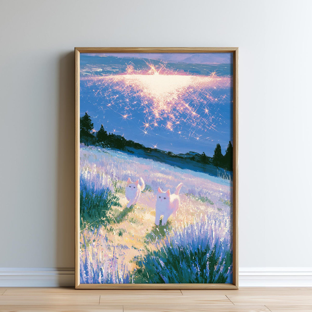The image is a framed painting depicting two cats standing in a field of tall grass, with a bright starburst effect in the sky above them.