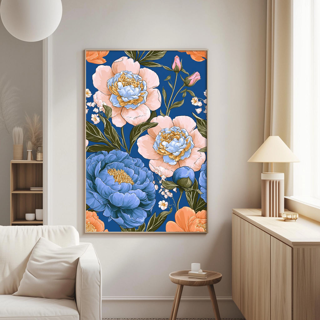 a large floral print hanging on a wall in a living room, depicting a vibrant and colorful arrangement of flowers in shades of blue, pink, and orange.
