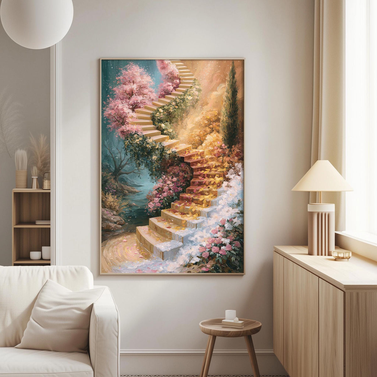a large, colorful painting of a staircase leading up to a garden or forest, hanging on a wall in a living room.