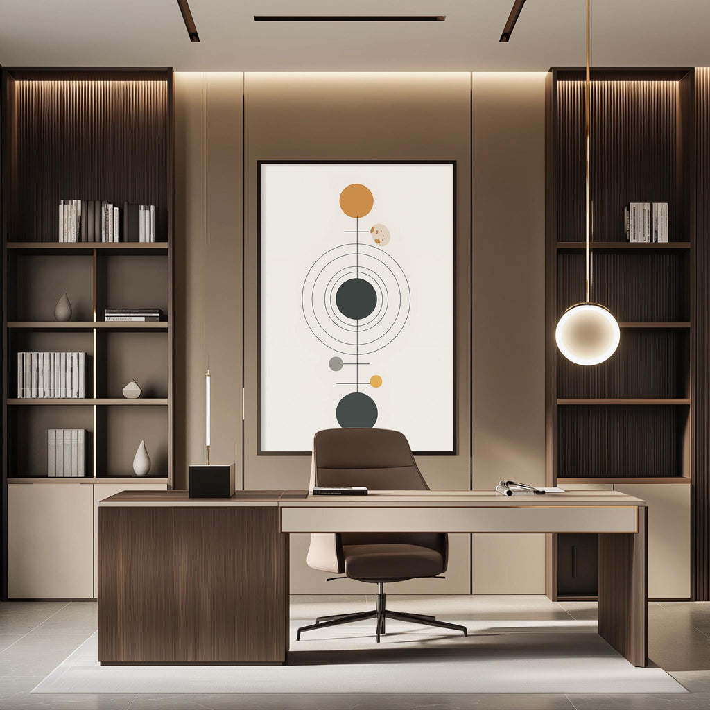 a modern and minimalist office space with a large wooden desk, a comfortable-looking chair, and a large abstract artwork on the wall.