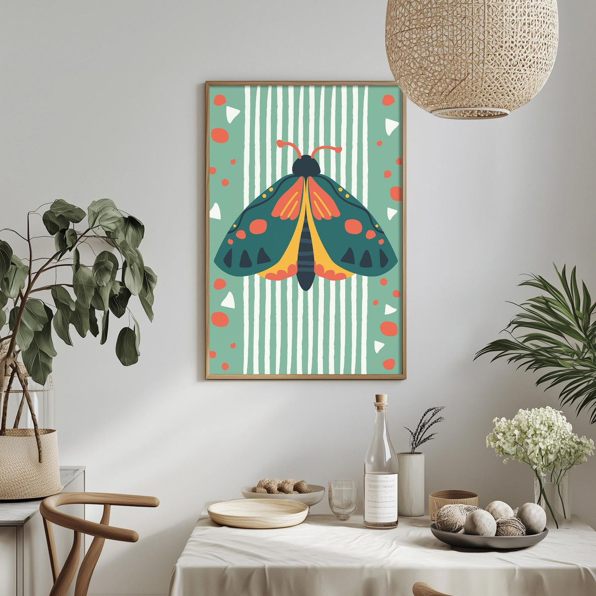 a dining table with a white tablecloth, a bowl of fruit, a bottle, and a vase with flowers. Above the table, there is a framed picture of a colorful butterfly with orange and green wings.