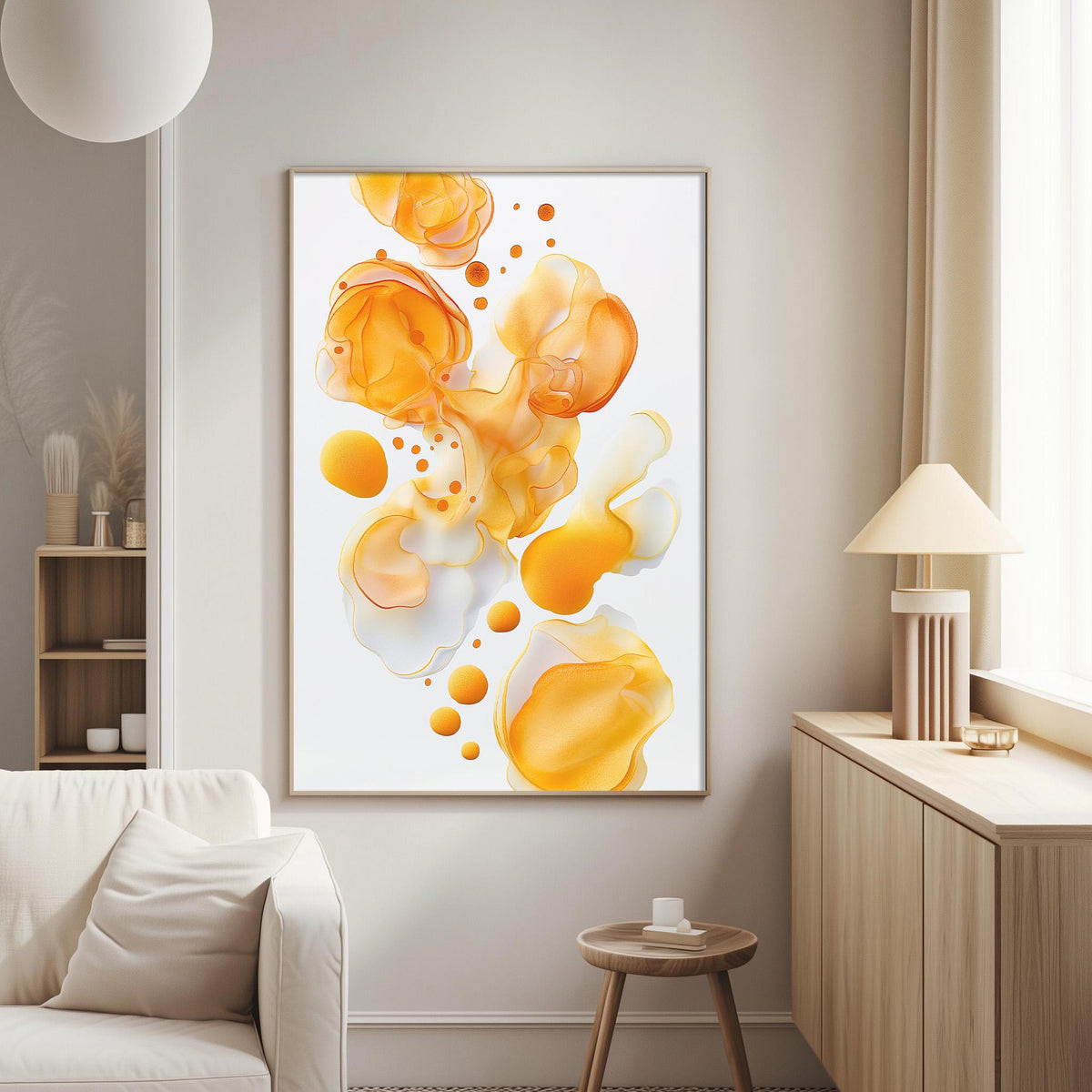 a modern living room with a large abstract painting hanging on the wall. The painting is predominantly orange and white, with various shapes and patterns. The room has a white sofa, a wooden side table, and a lamp on a wooden cabinet. The overall decor has a minimalist and contemporary style.