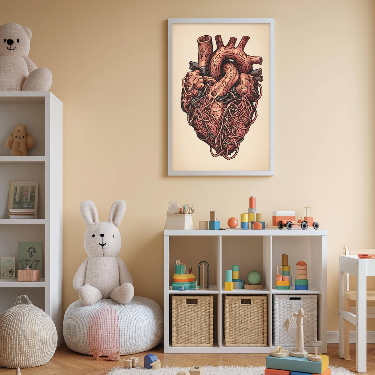A cozy children's room with a large stuffed rabbit, a bookshelf filled with toys, and a framed illustration of an anatomical heart on the wall.