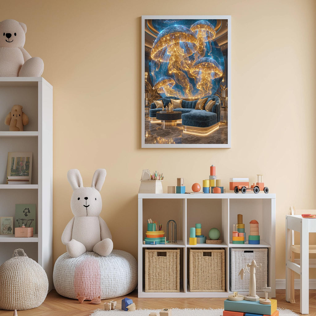 a cozy and well-organized children's bedroom with a large stuffed rabbit, a bookshelf filled with toys, and a framed picture on the wall.