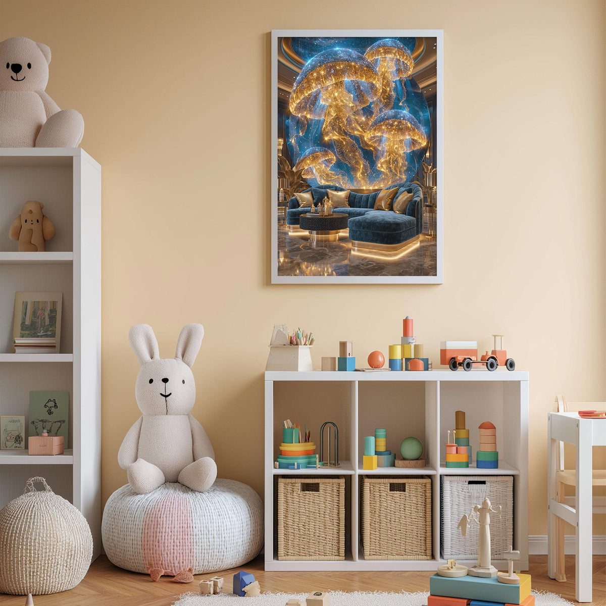 a cozy and well-organized children's bedroom with a large stuffed rabbit, a bookshelf filled with toys, and a framed picture on the wall.