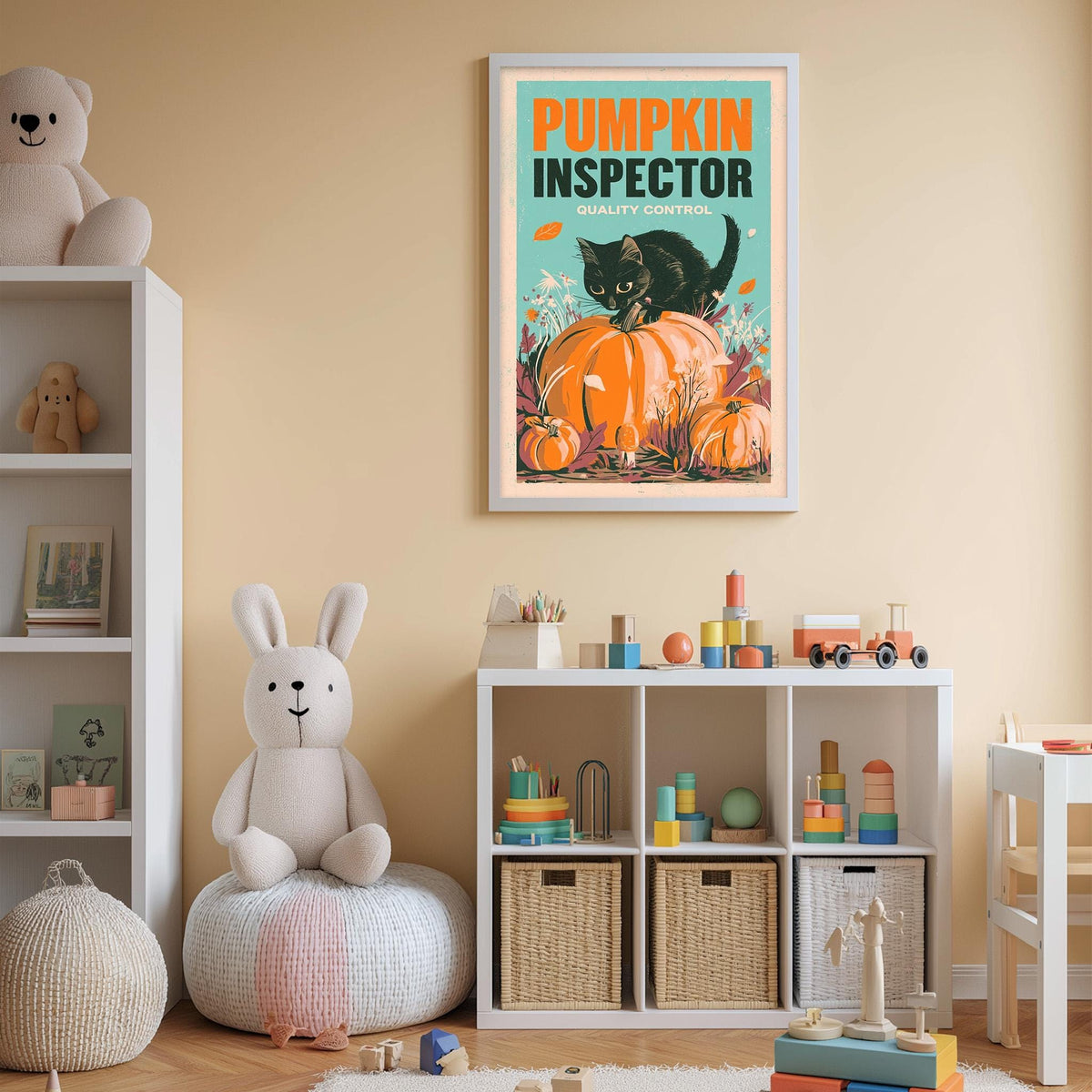 The image is a child's bedroom with a stuffed rabbit, a bookshelf, and a framed poster of a cat on the wall.