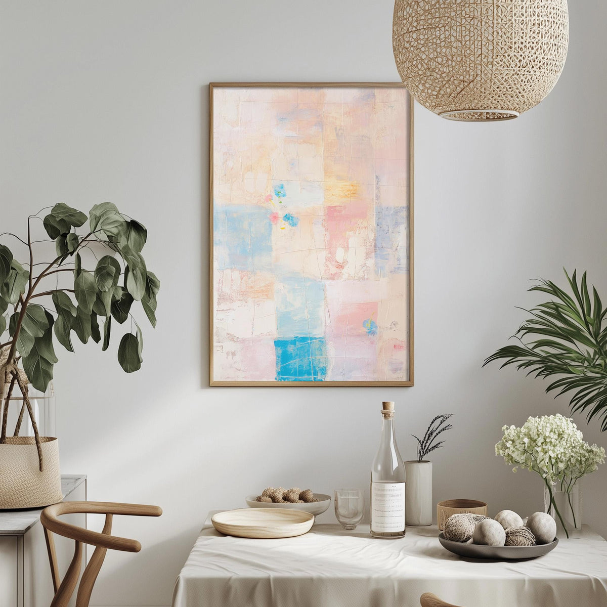a dining room with a table set for a meal, a potted plant, a hanging light fixture, and a framed abstract painting on the wall.