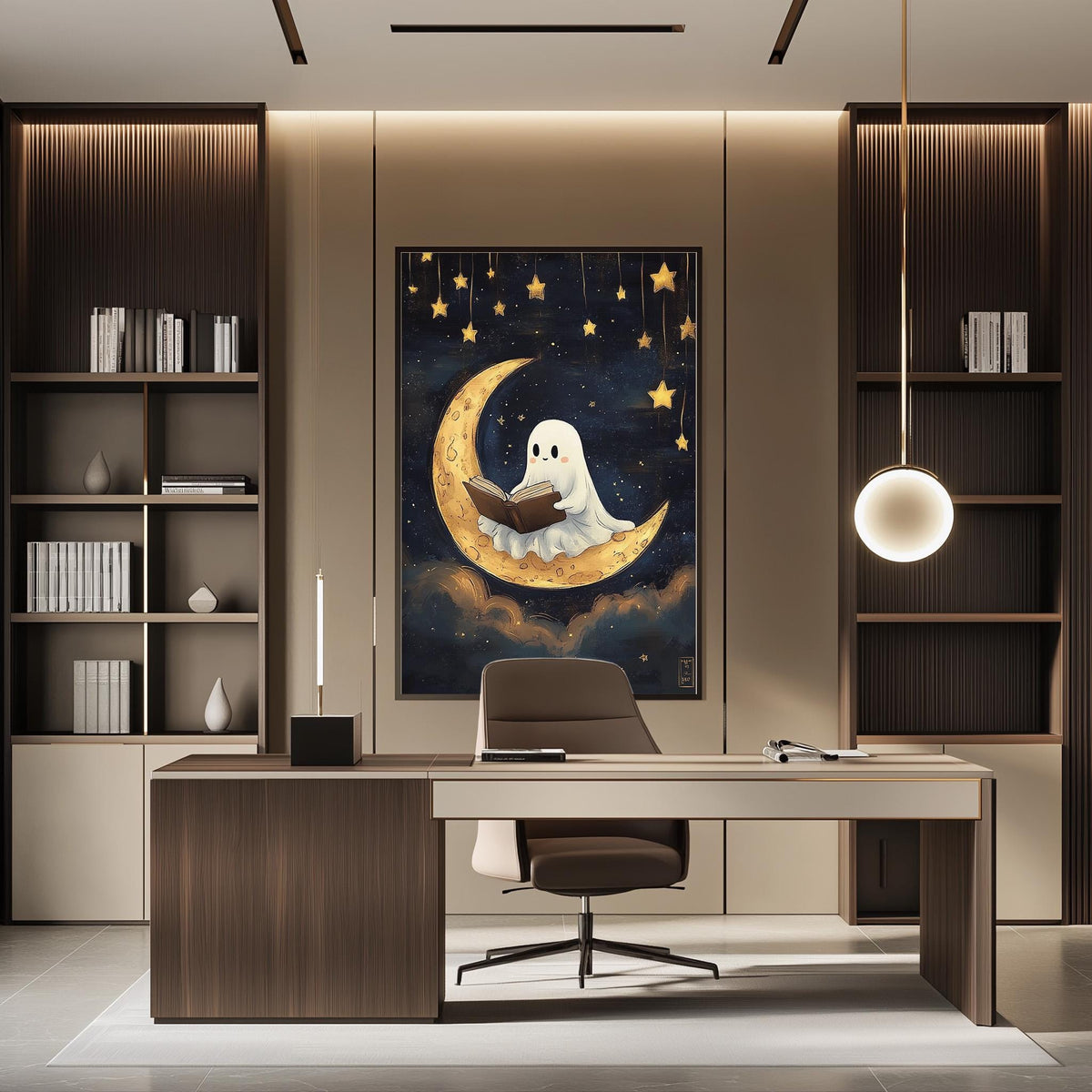 a modern office space with a large framed artwork of a ghost reading a book on a crescent moon, surrounded by stars. The office features a desk, chair, and bookshelves, creating a cozy and creative atmosphere.
