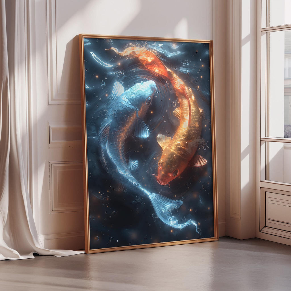 a large, framed painting depicting two koi fish swimming in a dark blue background with floating bubbles and stars.