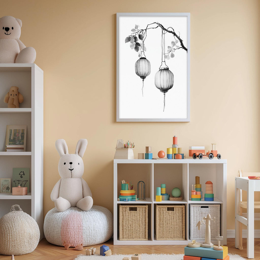 A cozy and colorful children's bedroom with a teddy bear, shelves filled with toys, and a framed artwork on the wall.