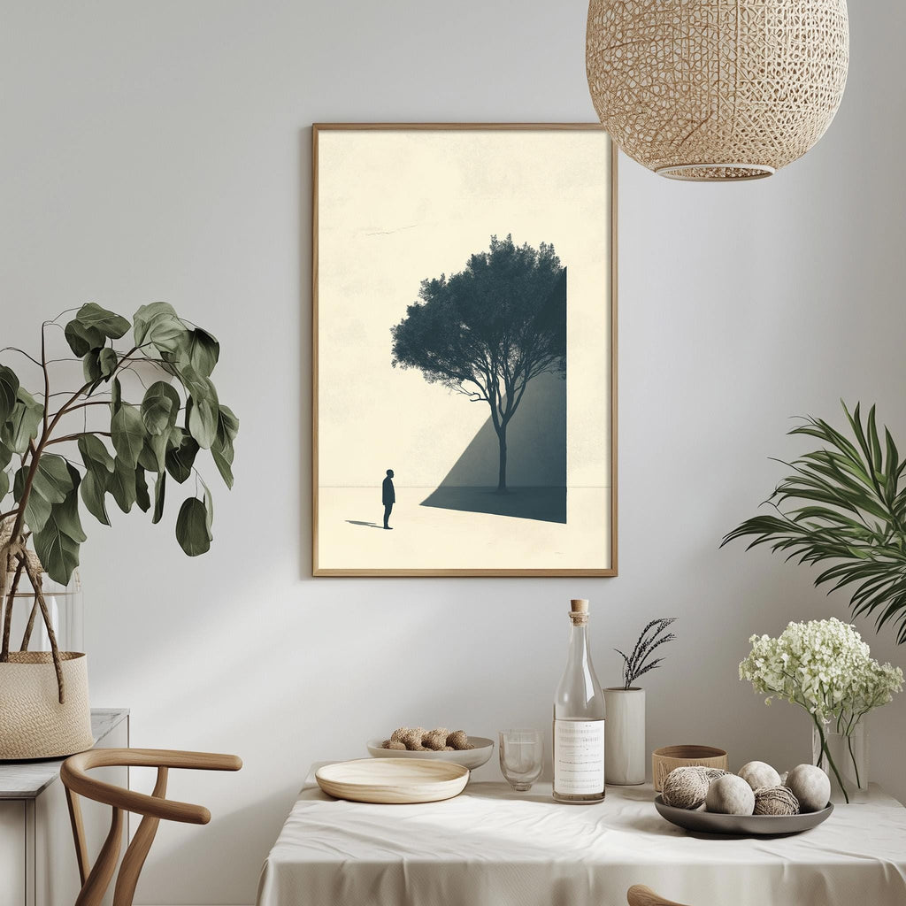 a minimalist dining room with a white tablecloth, a framed picture of a tree, and various decorative elements such as potted plants and vases.