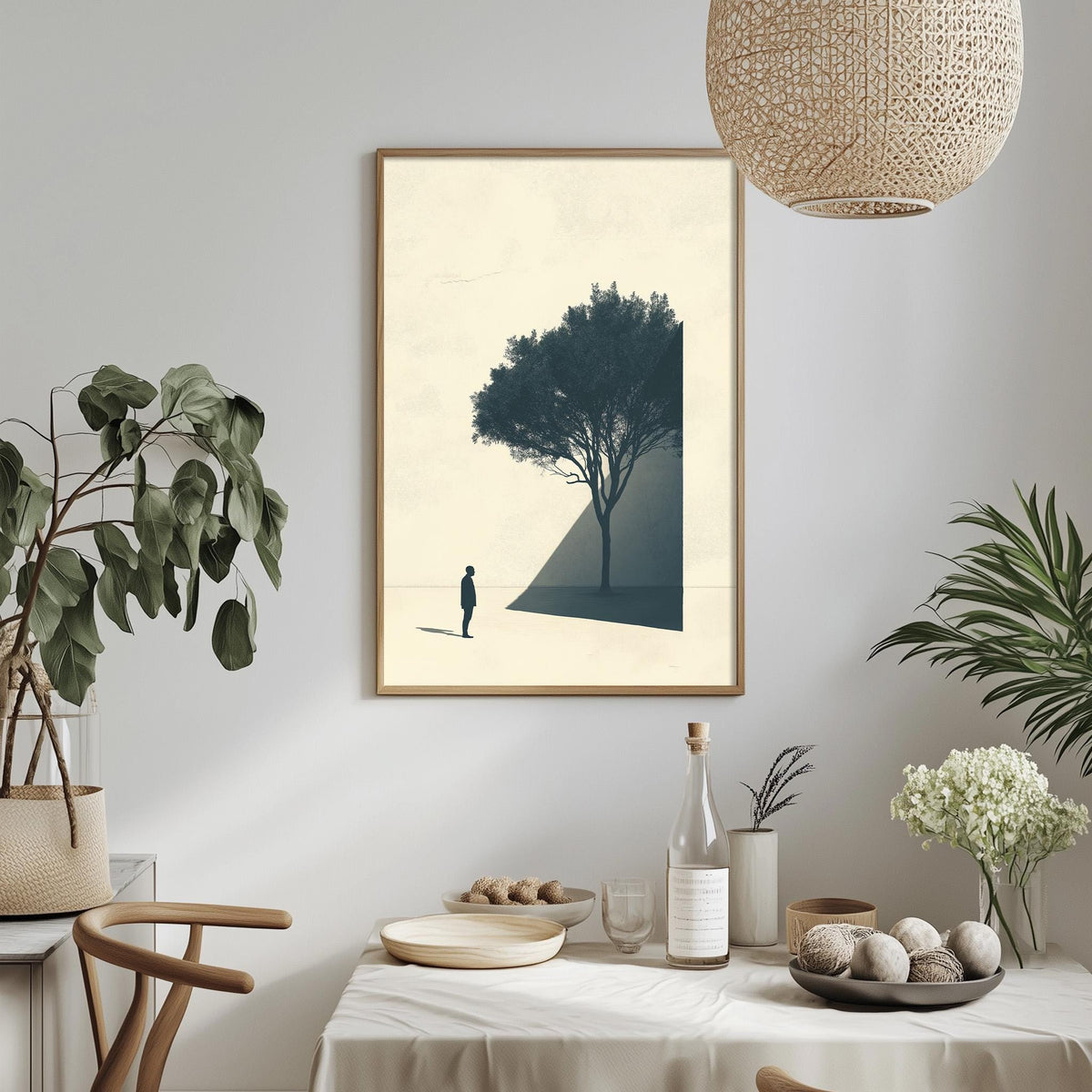 a minimalist dining room with a white tablecloth, a framed picture of a tree, and various decorative elements such as potted plants and vases.