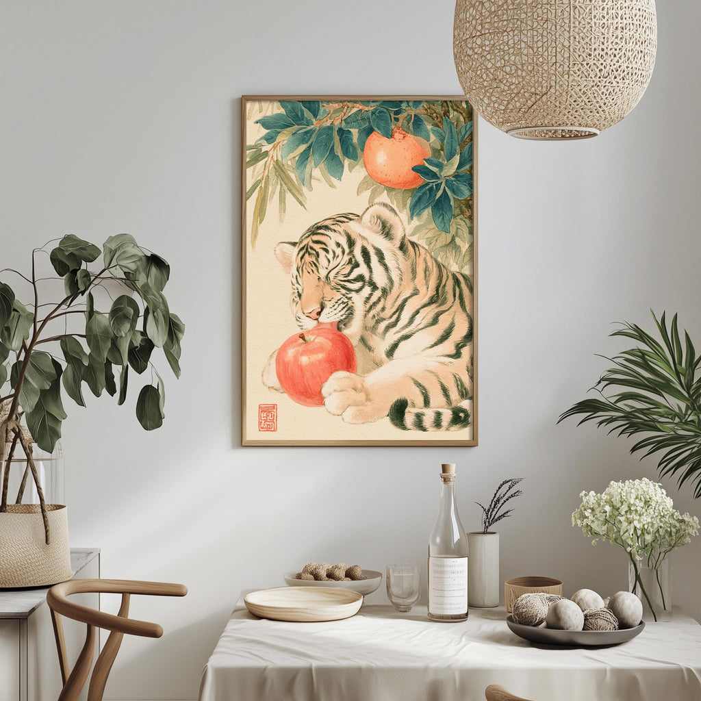 a tiger resting on a branch with an apple, surrounded by potted plants and a dining table with various items on it.