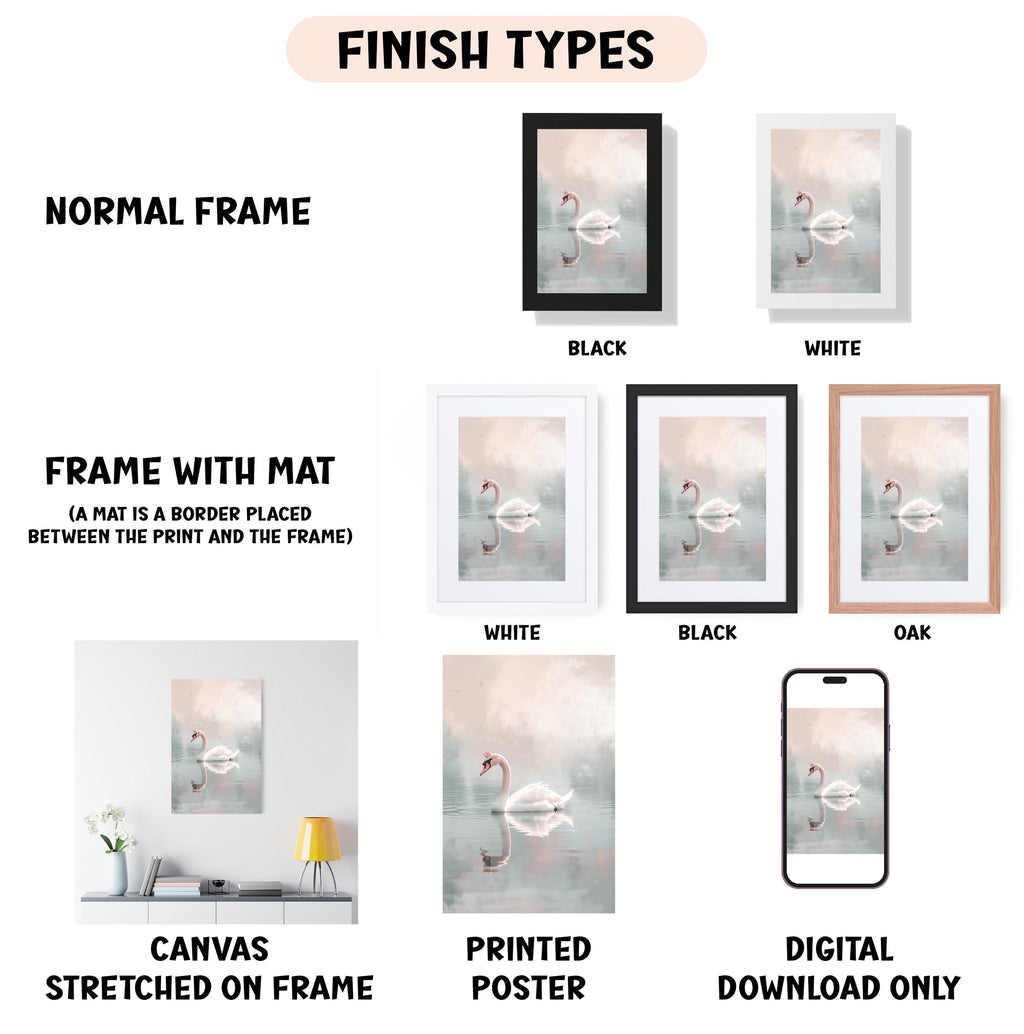various types of artwork, including a normal frame, a frame with a mat, a white frame, a black frame, a white frame, a black frame, an oak frame, a canvas stretched on a frame, a printed poster, and a digital download only.