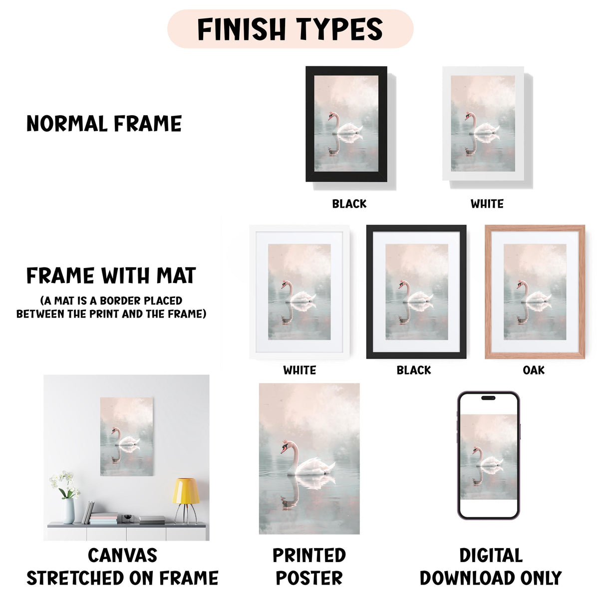 various types of artwork, including a normal frame, a frame with a mat, a white frame, a black frame, a white frame, a black frame, an oak frame, a canvas stretched on a frame, a printed poster, and a digital download only.