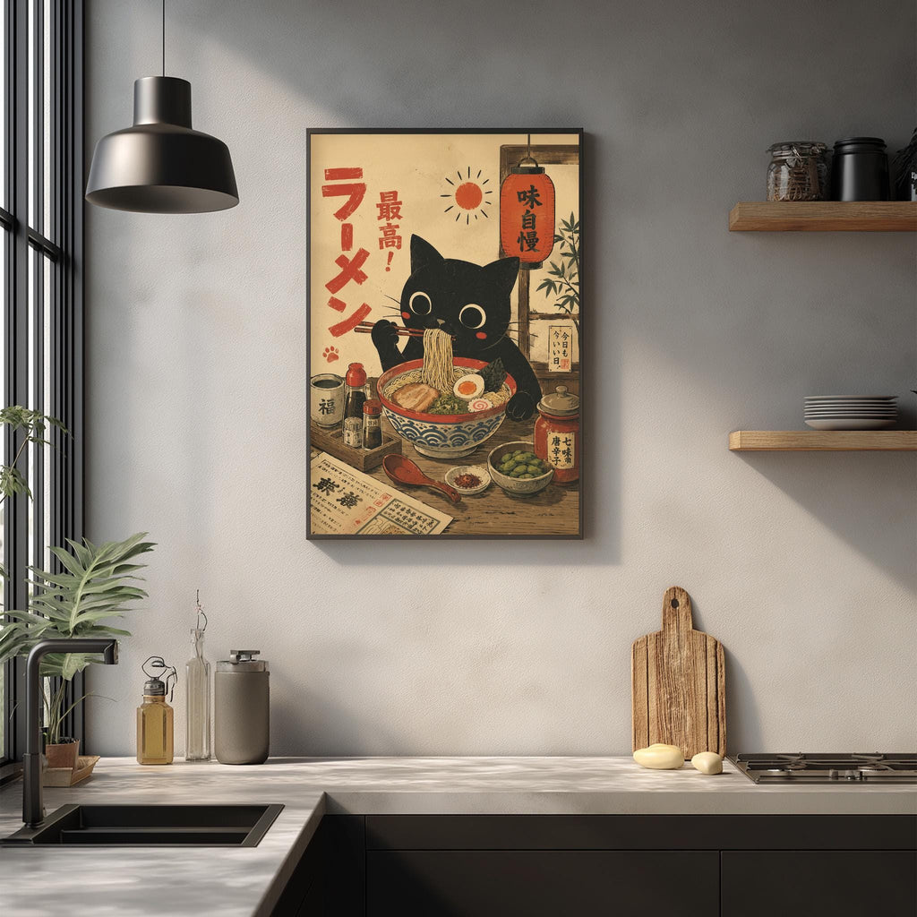 a kitchen scene with a framed illustration of a cat eating noodles. The kitchen counter has various items such as a cutting board, a bowl, and a bottle. The wall behind the counter has a shelf with more items on it.