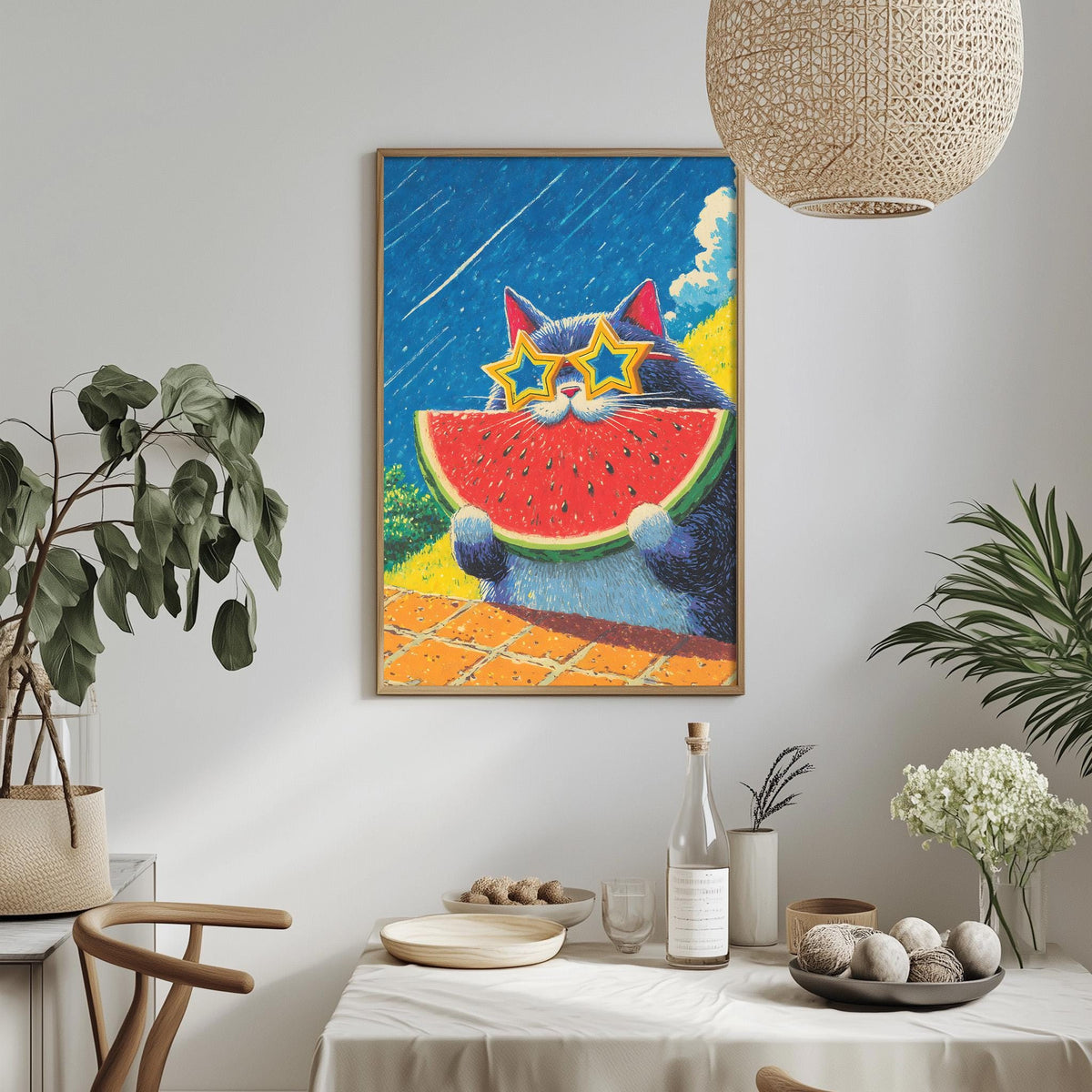 a vibrant painting of a cat wearing sunglasses and holding a slice of watermelon, set against a blue sky with clouds. The painting is hung on a wall above a dining table with various items on it, including a bottle, a bowl, and a vase.
