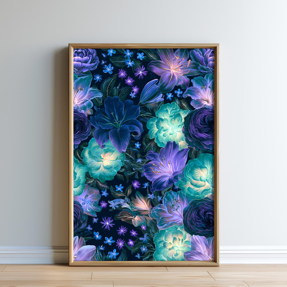 a vibrant and colorful floral arrangement, with a variety of flowers in shades of blue, purple, and green. The flowers are arranged in a visually striking manner, creating a sense of depth and dimension. The image is framed and displayed on a wall, adding a decorative element to the space.
