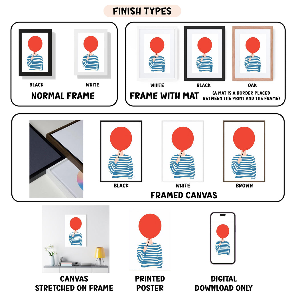 various finish types for artwork, including canvas, framed canvas, stretched canvas, printed poster, and digital download only.