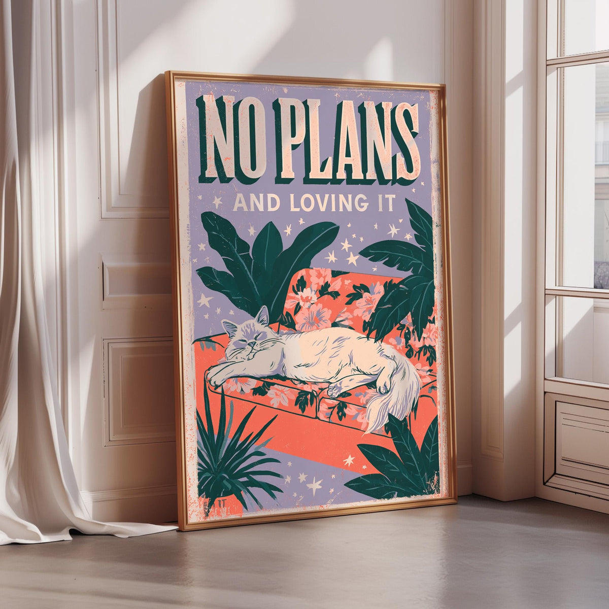a poster with a cat sleeping on a couch, surrounded by tropical plants and flowers.