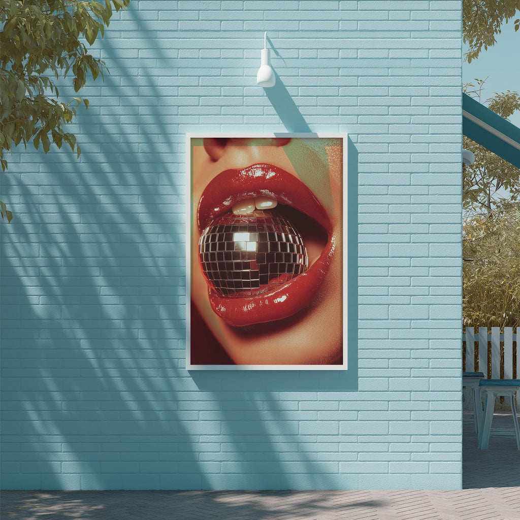 A framed image of a woman's open mouth with a disco ball inside her lips is displayed on a blue brick wall.