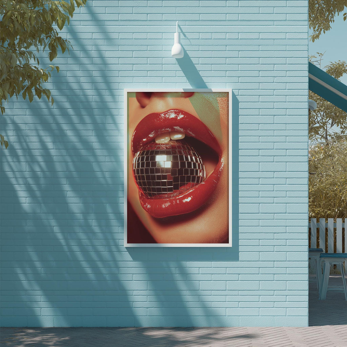 A framed image of a woman's open mouth with a disco ball inside her lips is displayed on a blue brick wall.