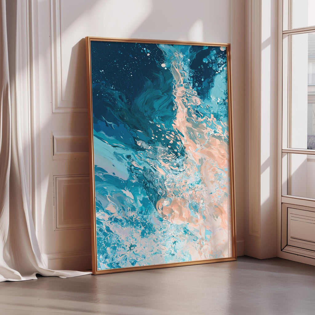 a large, vibrant abstract painting with a mix of blue, pink, and white colors, displayed on a wall in a room with a window.