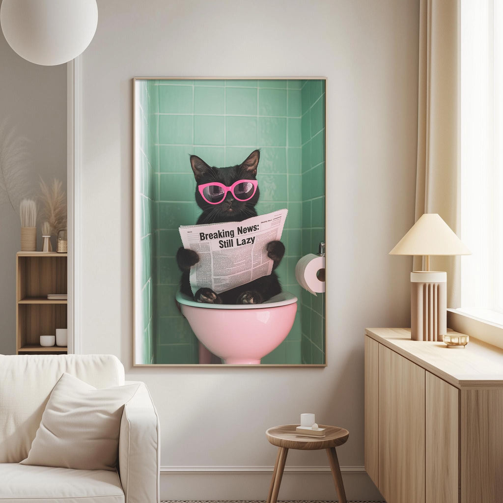 A black cat wearing pink sunglasses is sitting on a pink toilet seat and reading a newspaper, which says "Breaking News: Still Lost".
