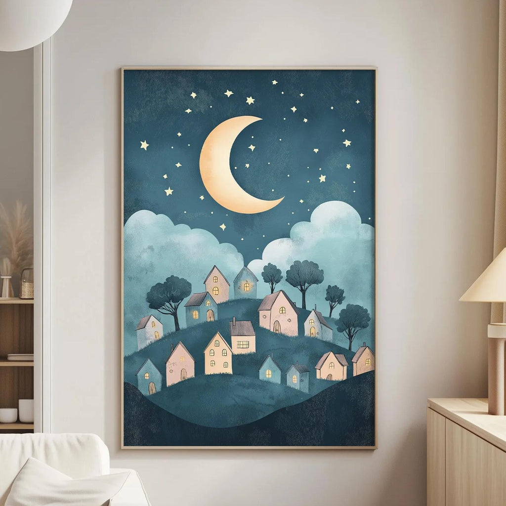 a cozy living room with a large framed poster of a nighttime village scene hanging on the wall. The poster depicts a village with houses and trees under a crescent moon and starry sky, creating a serene and peaceful atmosphere.