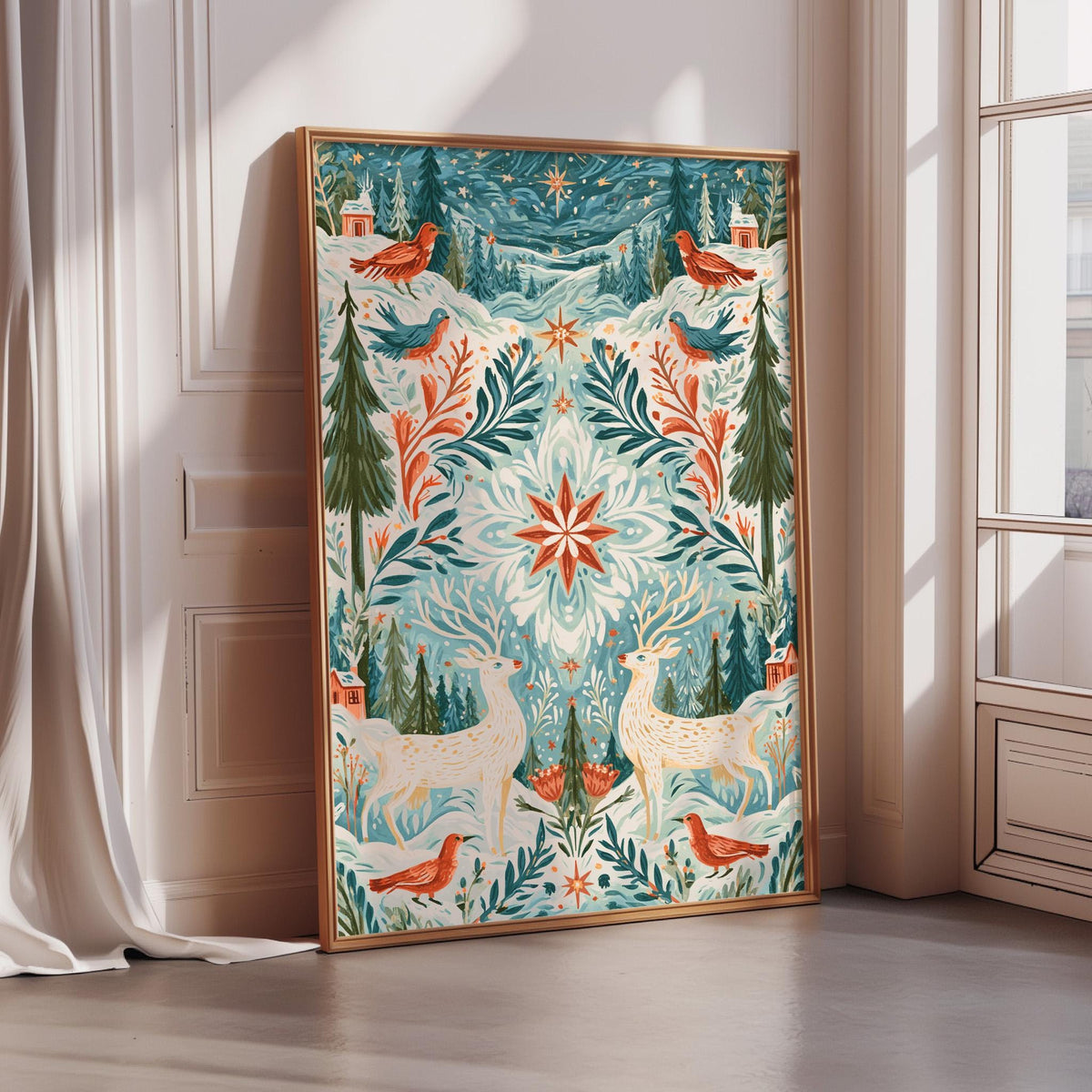 A large, ornate, and colorful painting depicting a winter landscape with deer, birds, and trees, framed and displayed on a wall.