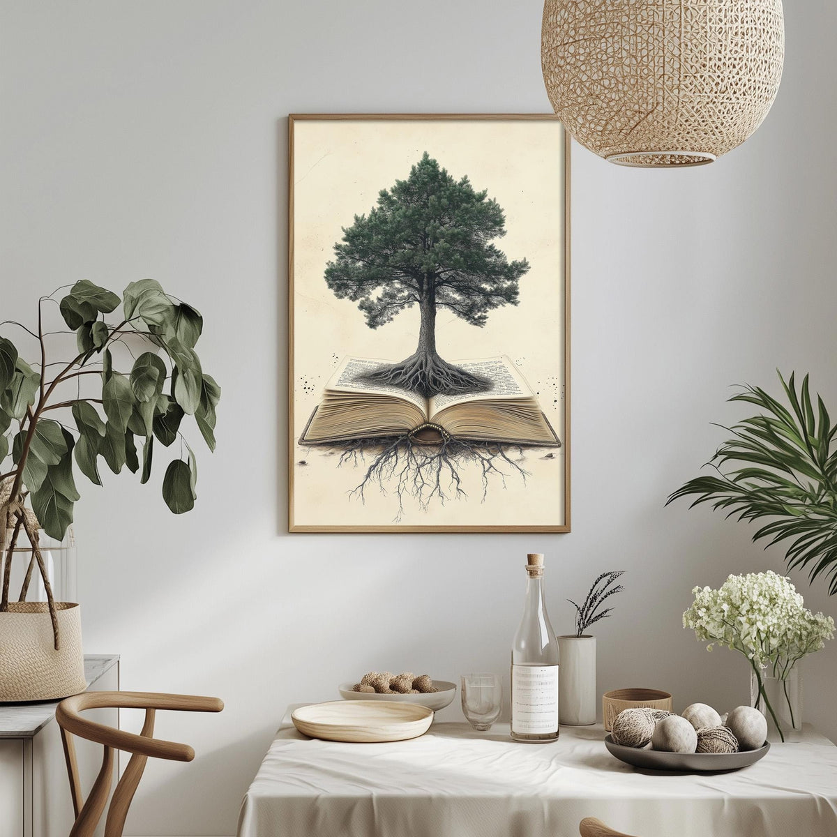 a framed illustration of a tree with roots emerging from an open book, set against a white wall. The room has a dining table with a vase of flowers, a bottle, and a bowl of fruit. The table is surrounded by chairs, and there is a potted plant and a hanging light fixture in the background.