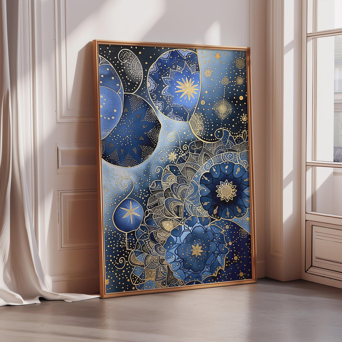 a large, ornate, and intricately designed blue and gold artwork displayed on a wall in a room with a window.