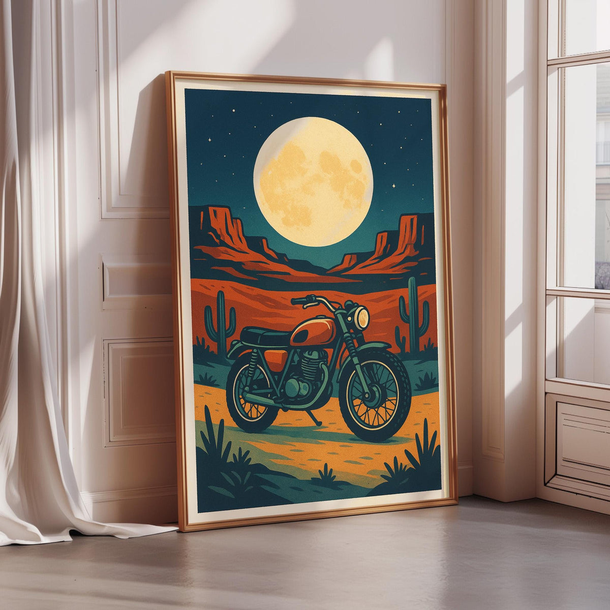 a framed poster depicting a motorcycle parked in a desert landscape under a large, bright moon.