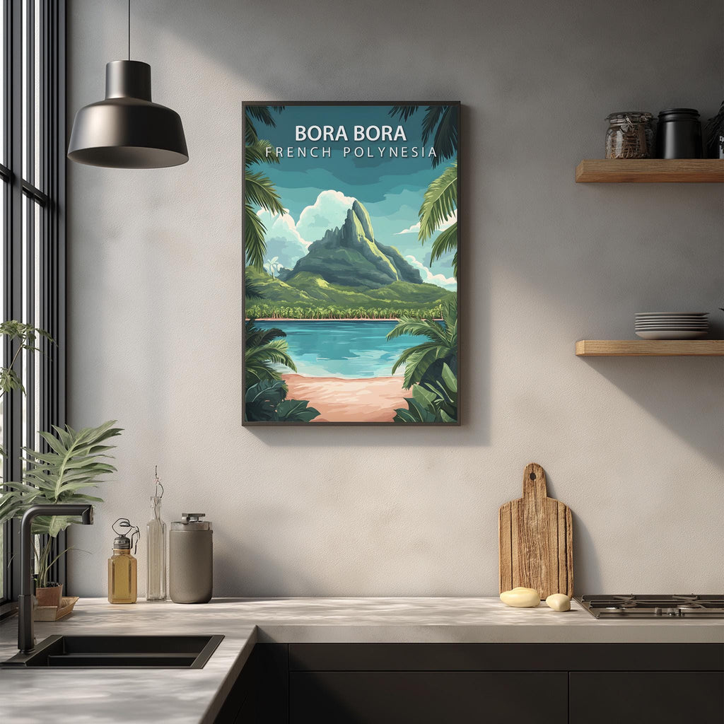 a kitchen counter with a framed poster of Bora Bora, a tropical island in French Polynesia, hanging on the wall above it.