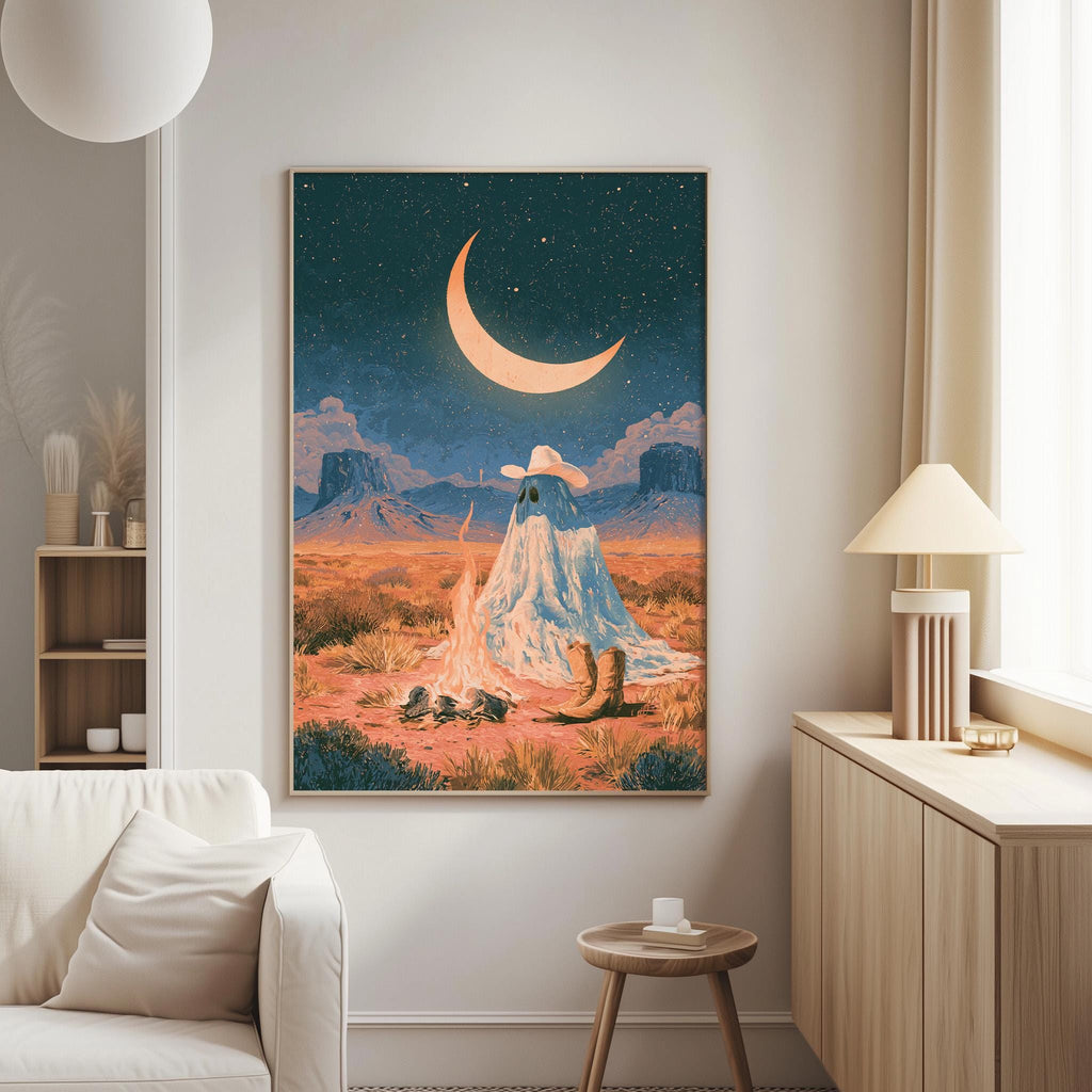 a large, colorful painting of a desert scene with a crescent moon, mountains, and a ghost-like figure sitting by a campfire.