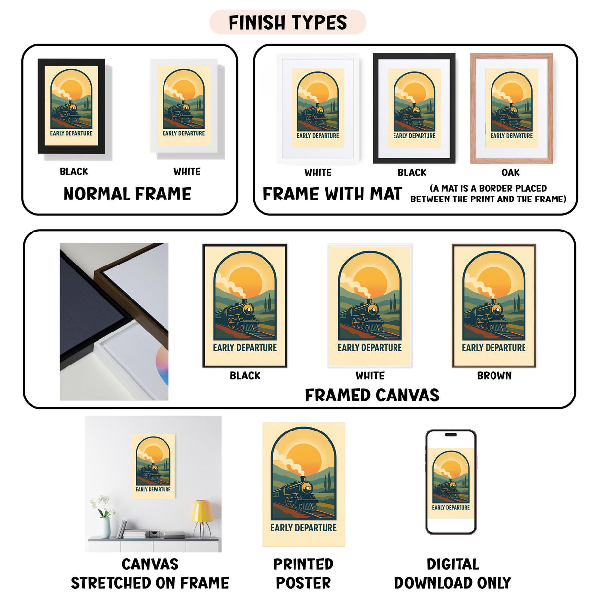various types of artwork, including framed prints, canvas prints, and digital prints, each with different finishes and frame types.