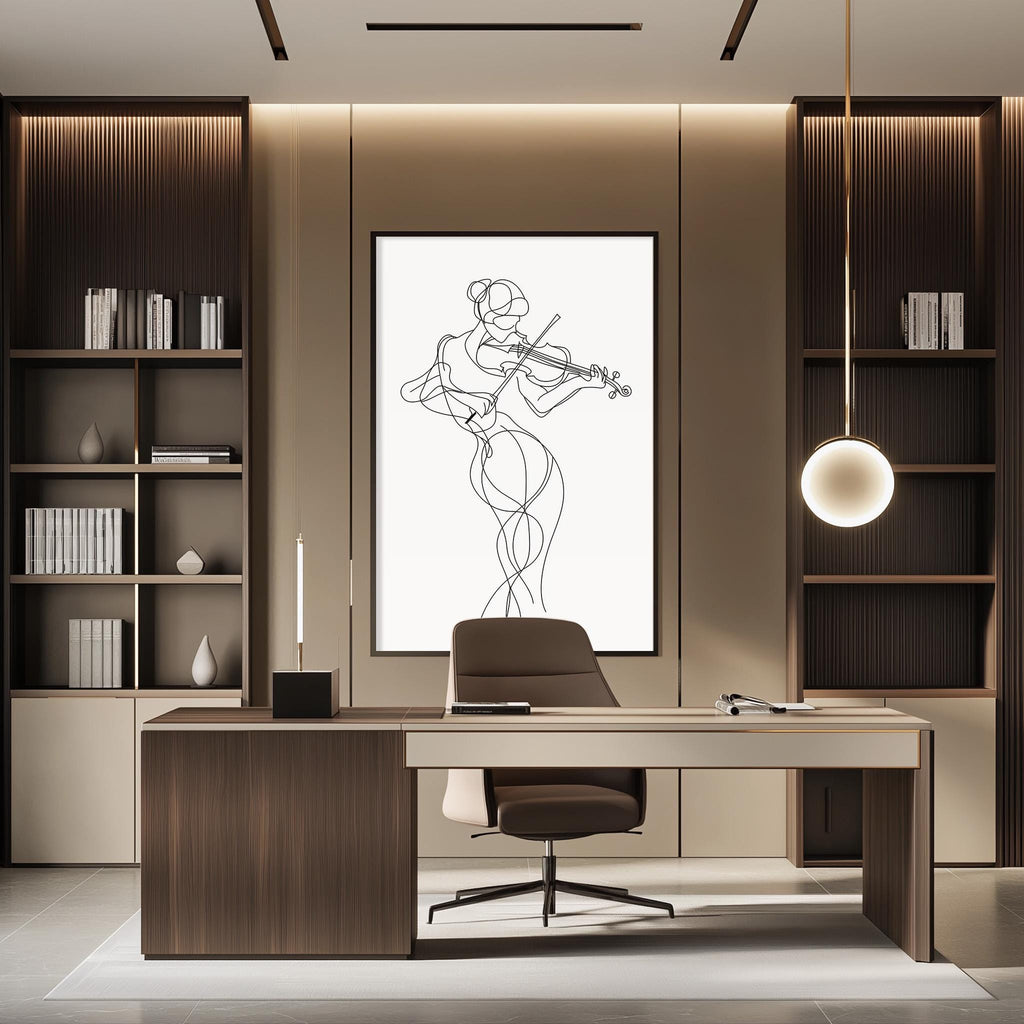 a modern and minimalist office space with a desk, chair, and shelving units. A large abstract line drawing of a woman playing a violin is displayed on the wall, adding an artistic touch to the room.