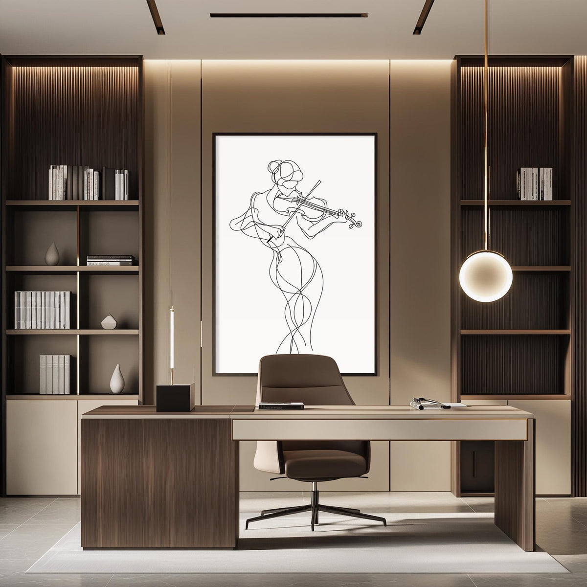 a modern and minimalist office space with a desk, chair, and shelving units. A large abstract line drawing of a woman playing a violin is displayed on the wall, adding an artistic touch to the room.
