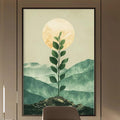 a modern and minimalist office space with a large framed artwork of a plant on the wall, a wooden desk with a chair, and built-in bookshelves.
