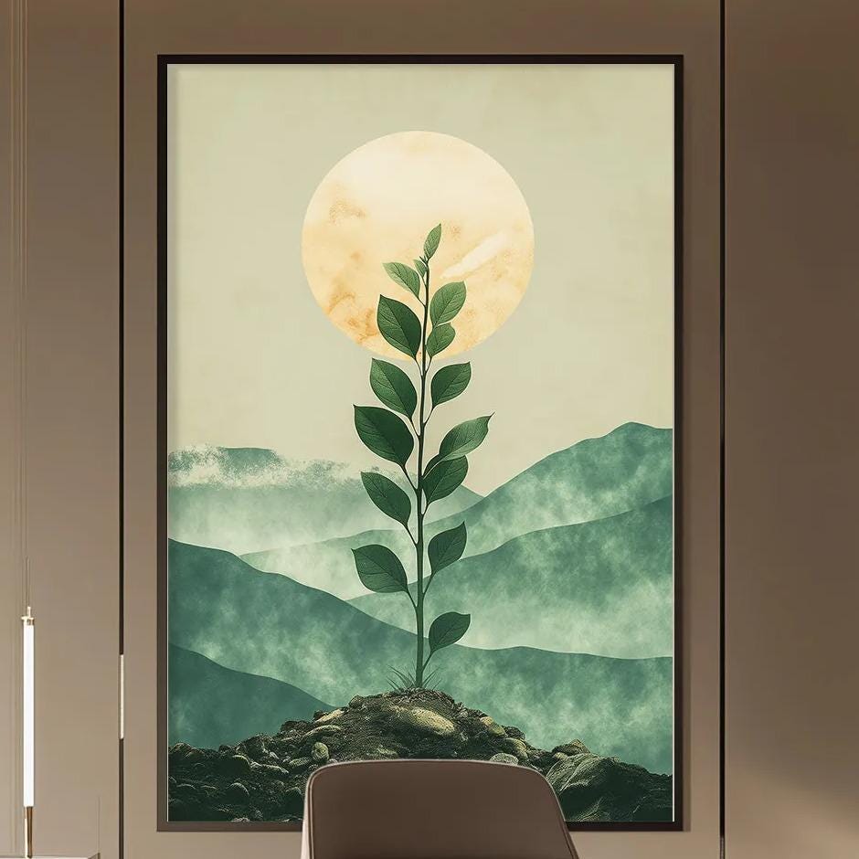 a modern and minimalist office space with a large framed artwork of a plant on the wall, a wooden desk with a chair, and built-in bookshelves.