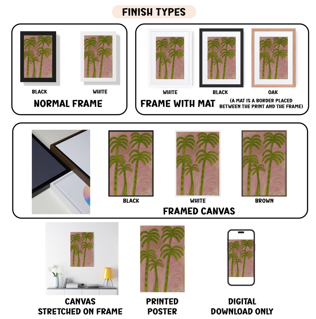 various finish types for a framed artwork featuring palm trees, including a normal frame, a frame with a mat, a black frame, a white frame, a black frame, a white frame with a mat, a black framed canvas, a white framed canvas, and a digital download only.