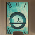 a modern and stylish office space with a large clock on the wall, a wooden desk, and a comfortable-looking chair.