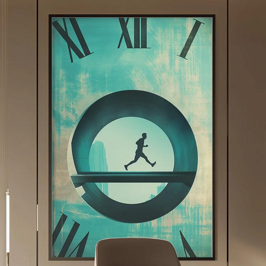 a modern and stylish office space with a large clock on the wall, a wooden desk, and a comfortable-looking chair.