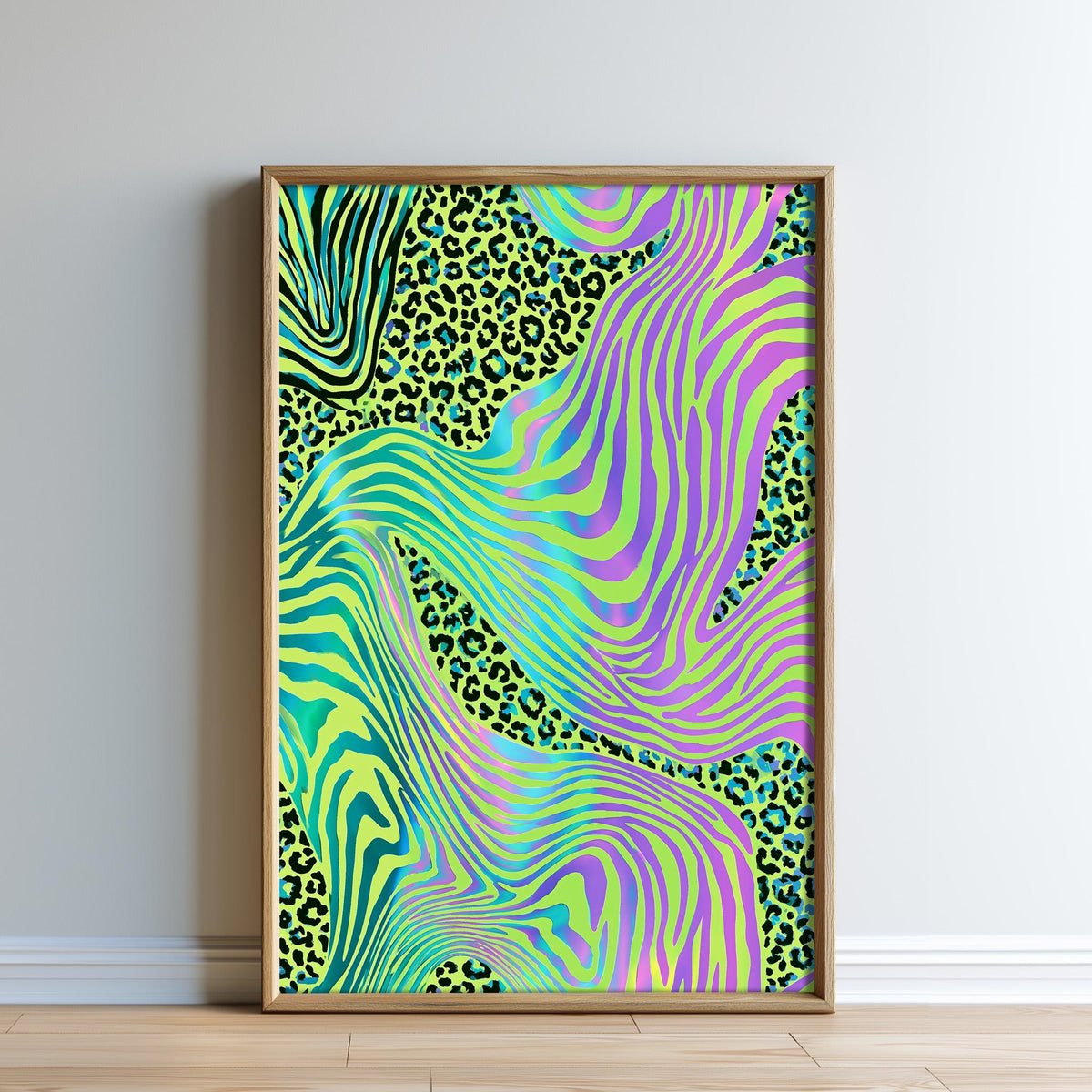 a vibrant and colorful abstract artwork with a mix of stripes, leopard print, and other patterns in shades of green, yellow, and pink.