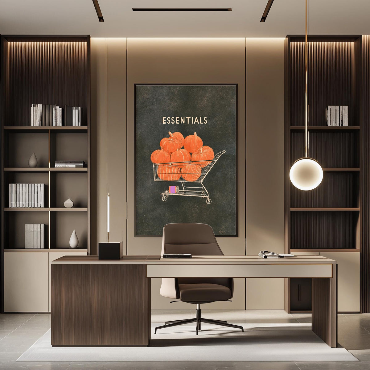 a modern office space with a large framed poster of a shopping cart filled with pumpkins on the wall. The office features a desk, chair, and shelving units, creating a professional and organized atmosphere.