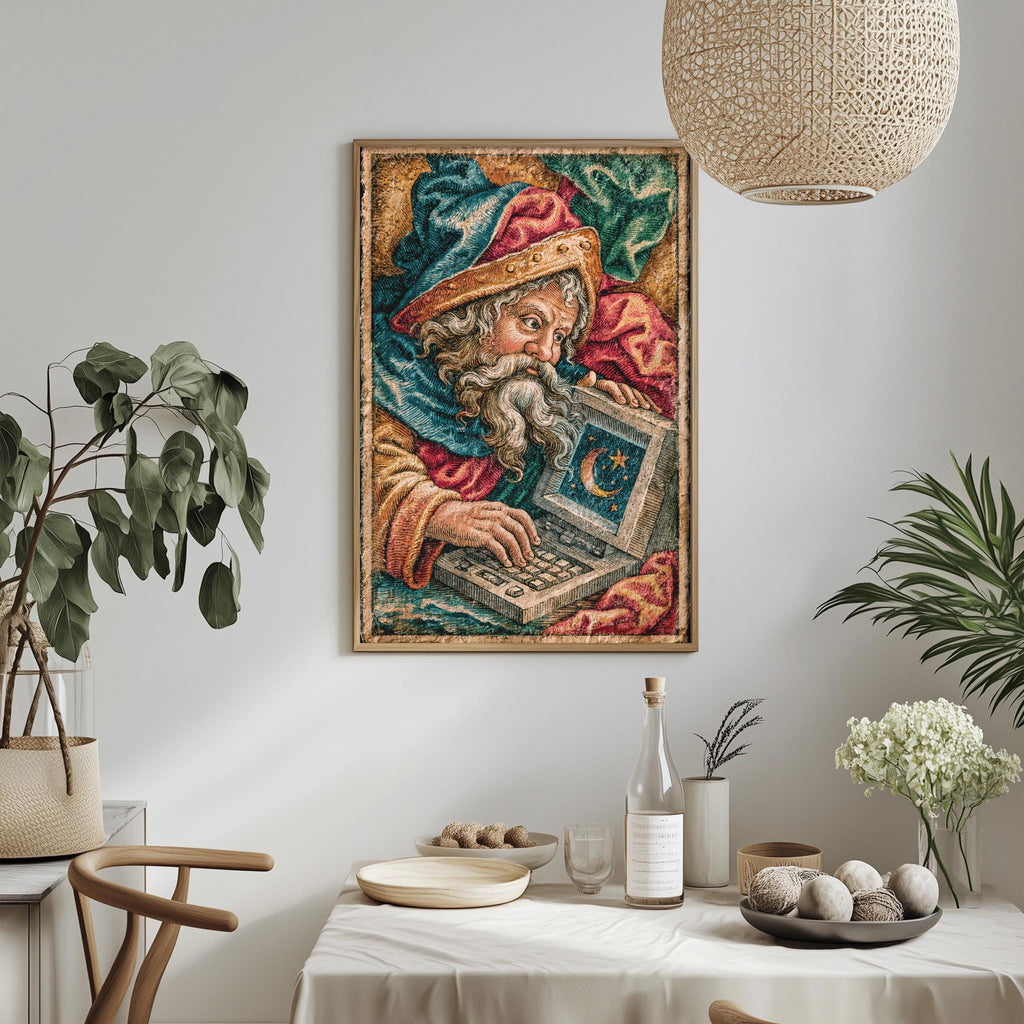 a framed painting of a bearded man holding a laptop, surrounded by various decorative elements such as plants, vases, and bowls.
