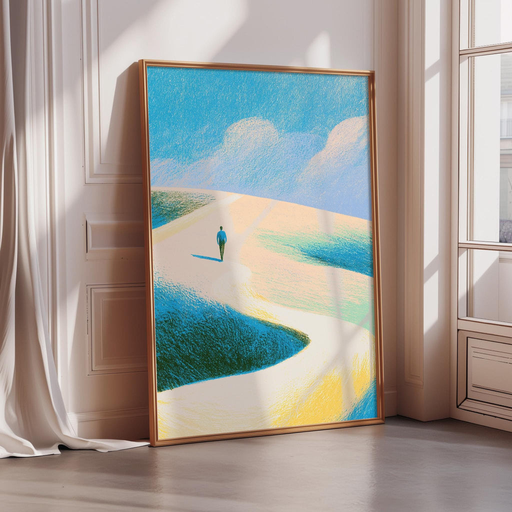 a large, framed painting depicting a person walking on a winding path through a landscape with a blue sky and clouds.